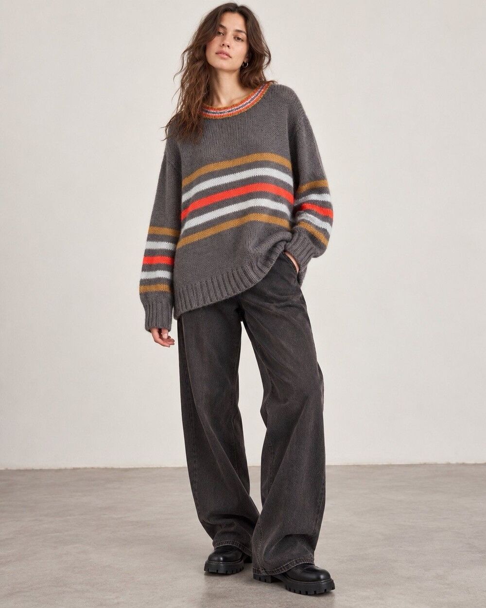 Wooden Ships Striped Colorblock Sweater S/M Gray Mohair Wool Blend Oversized